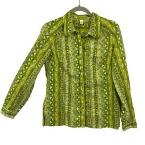 Sigred Olsen Linen Button Up Shirt Size Medium Green Pattern Long Sleeves Tropic